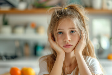 Naklejka premium Pensive Young Girl in Cozy Kitchen Natural Light Soft Focus