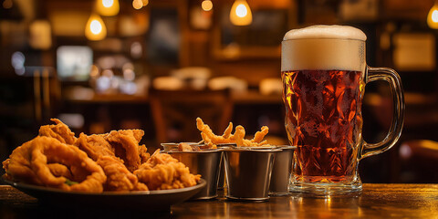 Bierkrüge Hähnchenflügel Calamari Zwiebelringe Fisch Taco