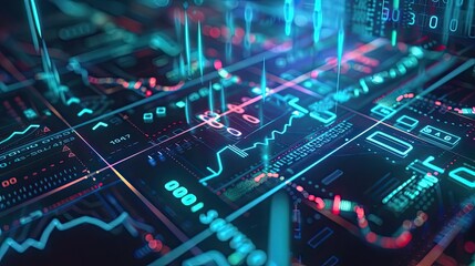 Fototapeta premium Vibrant digital graph representation with glowing lines and data points, showcasing modern technology and analytics.