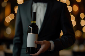 Closeup of Waiter Holding Wine Bottle with Bokeh Lights in Elegant Restaurant Setting