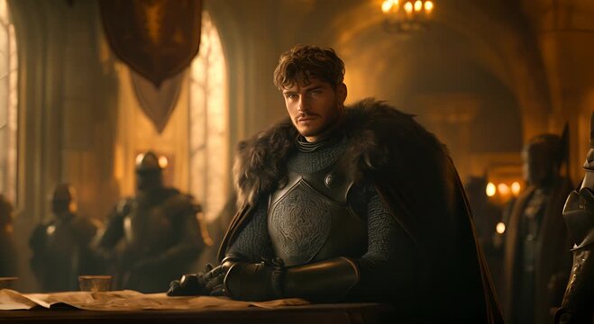 Noble knight stands at a table with maps, surrounded by armored companions deep in thought. King Arthur with his knights stands at Round Table. 