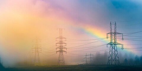 Minimalistic photo of high voltage power lines with a rainbow in the background.