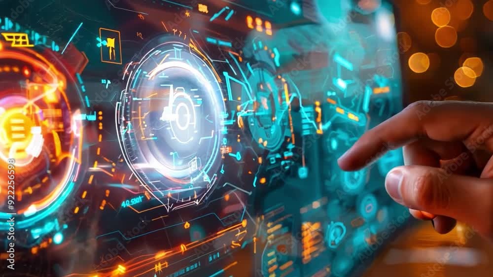 Poster a hand interacts with a vibrant touchscreen interface showcasing advanced technology and data visual