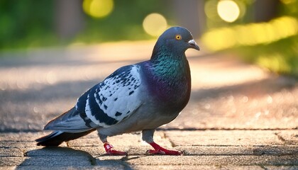 Close up of curious urban pigeon in park on pavement
