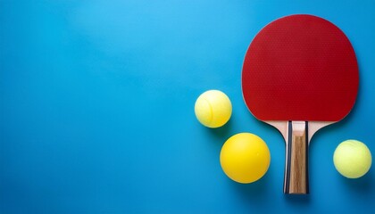 Minimal table tennis equipment set on blue backdrop with red racket yellow and white balls Top view with copy space