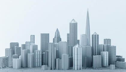 Skyscraper and metropolis city in monochrome. Architecture and Business city plan concept. Low polygon cityscape scene. Blueprint for mega project theme. Copy space. 3D illustration rendering