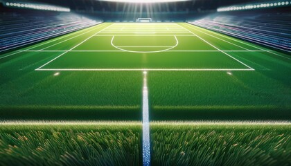 Obraz premium Soccer field in football stadium with line grass pattern. Sport background and athletic wallpaper concept. 3D illustration rendering