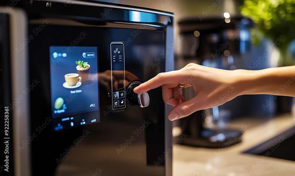 Leinwandbilder close-up of hand pressing a button on a smart coffee maker with touch-sensitive controls