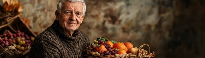  Elderly Man with Cornucopia of Fresh Seasonal Crops in Studio Setting Abundant Harvest: 