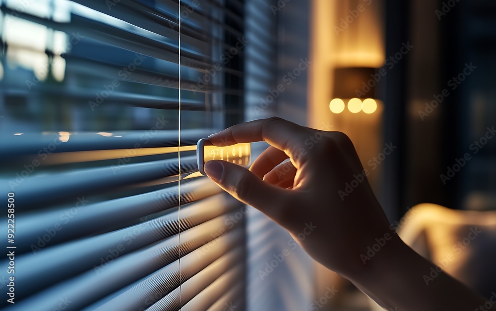 Leinwandbilder close-up of hand interacting with a smart blinds control with soft light filtering through