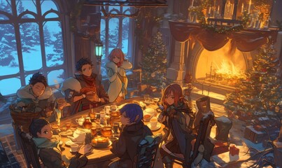 Naklejka premium Cozy Winter Gathering: Anime-Style 4K Illustration of Warm Indoor Scene. Family and Friends Enjoy Hot Tea and Toast by the Fireplace. Festive Holiday Atmosphere for Creative Marketing, Game Design, an