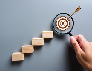 Unlock potential of business success stairs dart and dartboard targets magnifying glass with hand on gray background. Explore opportunities growth embrace steps to achieve ambitions and goal concept.