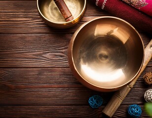 Vintage toned copper singing bowl with religious items for rituals prayers and meditation on wooden background empty space