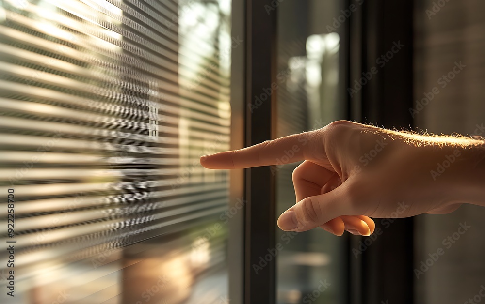 Leinwandbilder close-up of hand interacting with a smart blinds control with soft light filtering through