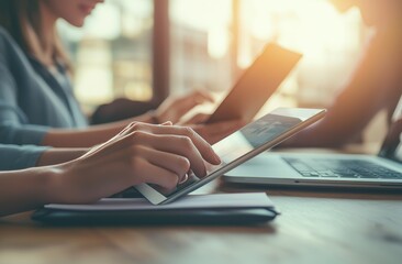 An image of a young team of entrepreneurs working on a new start-up project. A woman shows a digital tablet on a wood table, and a man holds a report on the desk. The background is blurred, with film