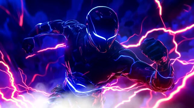 Seamless looping 4k time-lapse animation video background showcasing a high-tech character emitting electric lightning energy in dynamic motion. Futuristic concept