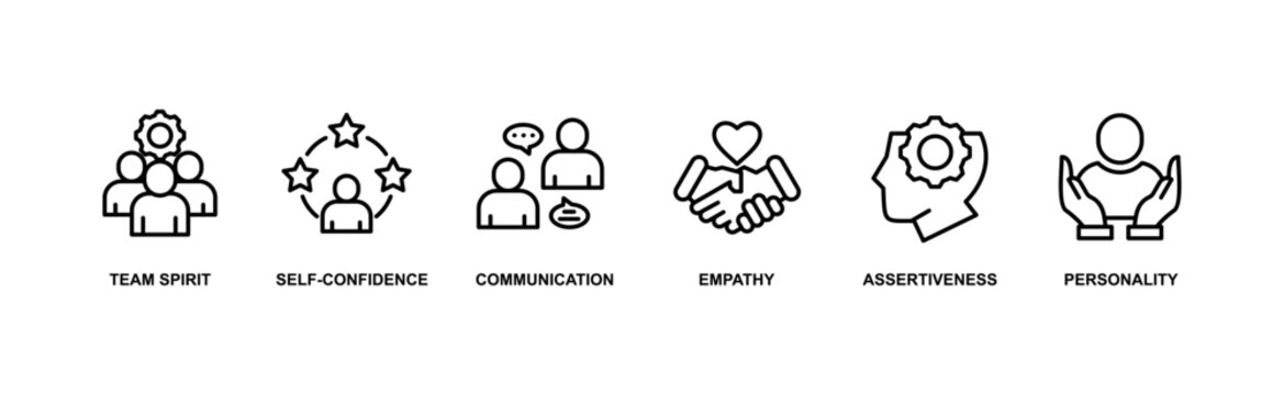 Soft-skills banner web icon set vector illustration concept for human resource management and training with icon of team spirit, self-confidence, communication, empathy, assertiveness, and personality