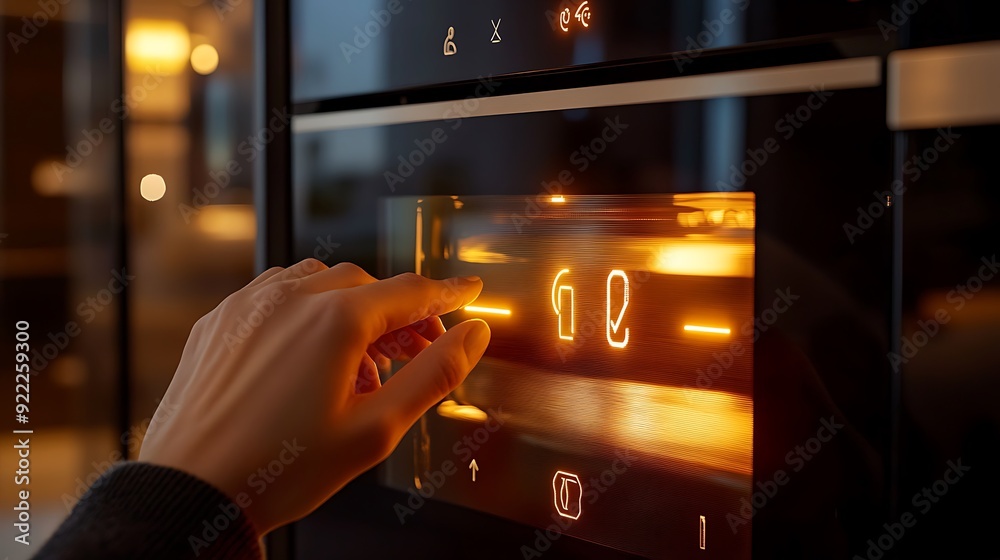 Poster close-up of hand adjusting temperature on a smart oven control panel