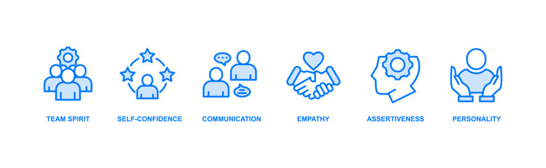 Soft-skills banner web icon set vector illustration concept for human resource management and training with icon of team spirit, self-confidence, communication, empathy, assertiveness, and personality