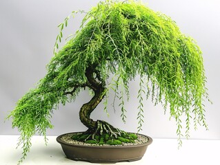 A centered bonsai tree with a weeping shape, showcased on a white background to emphasize its graceful and cascading branches