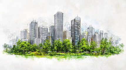 Obraz premium Eco-Friendly Cityscape: Urban Design Sketch with Sustainable Features like Rainwater Harvesting and Green Walls, Detailed Line Art Illustration with Copy Space