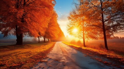 A serene autumn landscape with vibrant trees and a road leading towards a sunset.