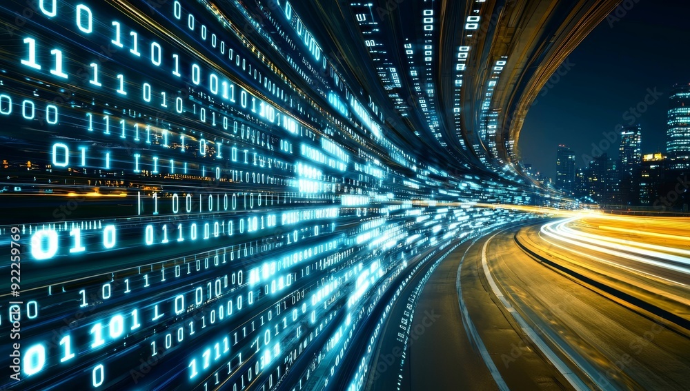 Poster Speed and faster digital matrix technology information concept of a highway flyover with binary code numbers on motion blurred asphalt roads.