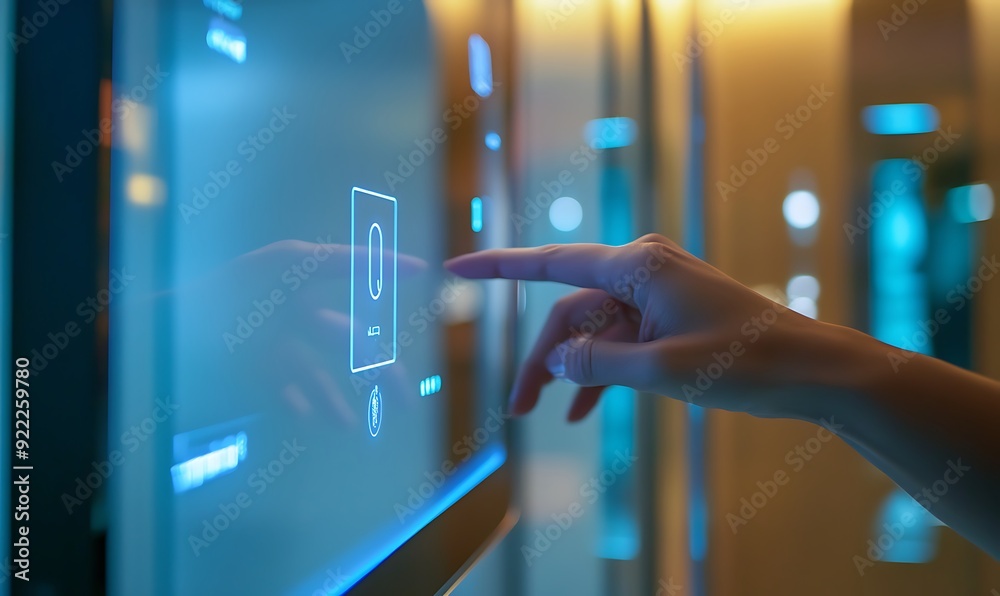 Aufkleber close-up of hand controlling a smart bathroom mirror with touch interface