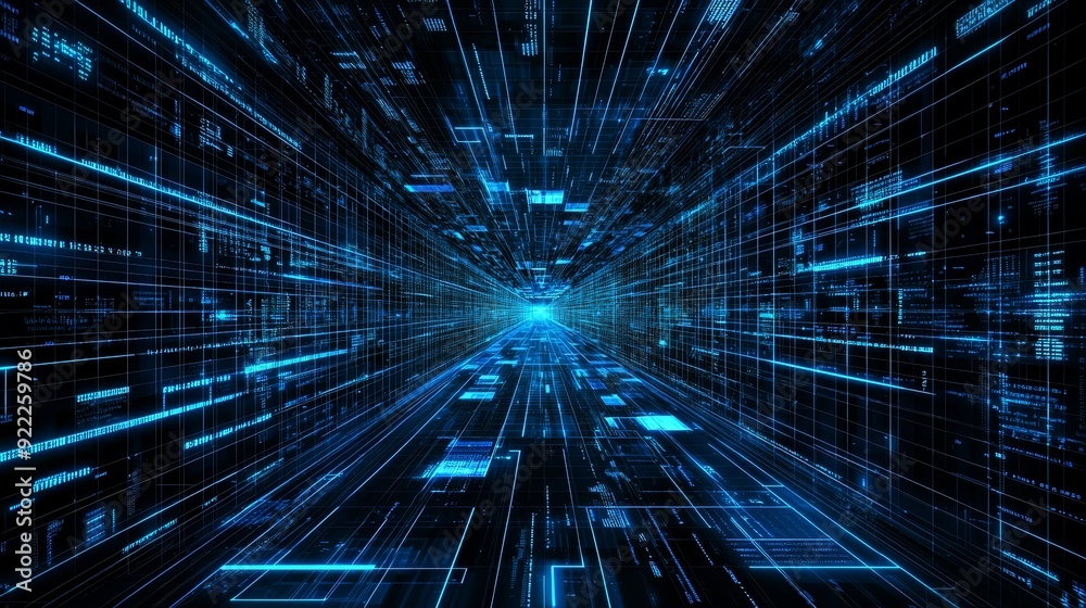 Poster Matrix of digital binary codes - 3D rendering of a scientific technology network demonstrating connectivity, complexity, and data flood of the modern digital age