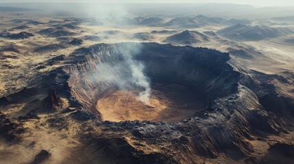 Aerial view of a smoking volcano crater with surrounding rugged terrain, with ample empty sky for text placement.