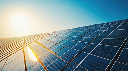 Obraz premium Aerial view of a solar farm with rows of solar panels in the sunlight, clear blue sky above for text placement.