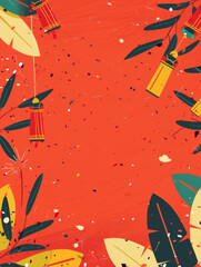 Colorful traditional Chinese lanterns on red background with copy space