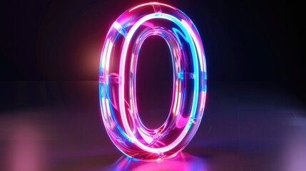 3D glowing zero with neon line in glass symbol