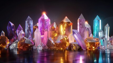 3D render, assorted colorful quartz crystals