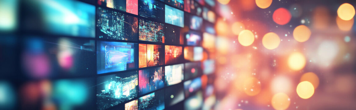 Multicolored digital screnn wall with glowing light streaming services effects in a bokeh style