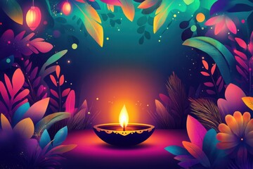 Single Diya Lamp with Vibrant Floral Background