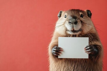 Cute beaver with a blank sheet of paper in its paws on red background. Funny animals and sign concept. Studio portrait for poster, banner, flyer with copy space