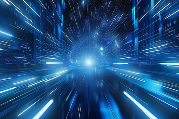 Obraz premium Abstract futuristic blue background with glowing lights and motion in infinite space, 3d render