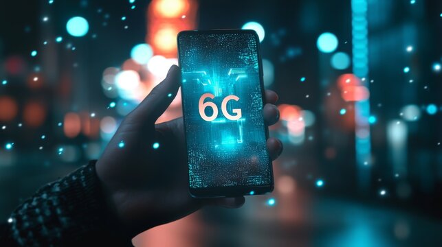 Hand holding smartphone with 6G technology concept, night city background