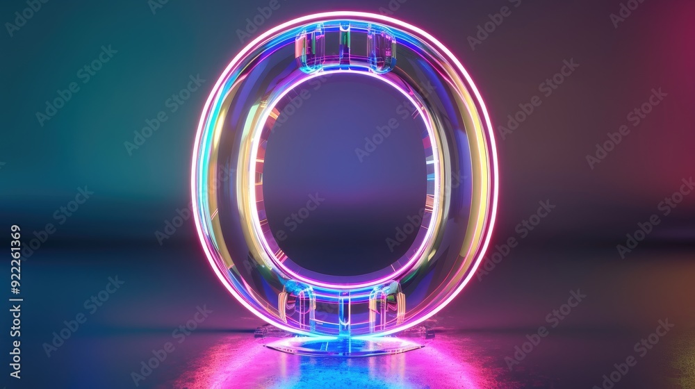 Fototapete 3d rendering neon number zero with glowing colorful line inside glass symbol
