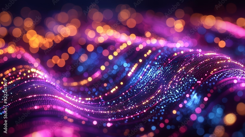 Poster a futuristic dots background with colored sound waves. data visualization in 3d.