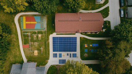 Bird's eye view of solar panels on a rural school, with playground and surrounding landscape for text.