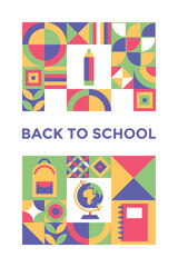 Modern geometric background. Back to school vertical banner. Mosaic set of icons in minimalist style. Poster, banner, card template in trendy style