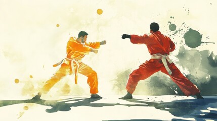 Two men in orange and yellow fighting each other with watercolor, AI
