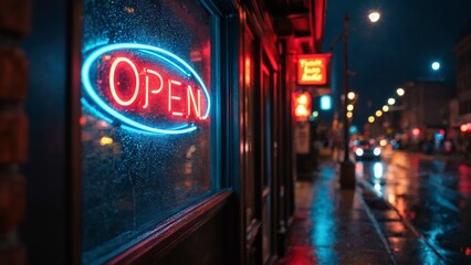 Neon "Open" Sign on Rainy Night in the City