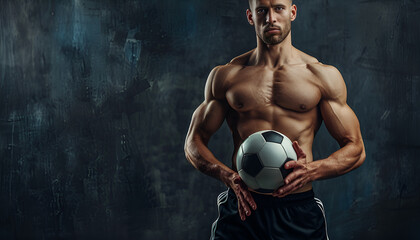 Obraz premium Strong muscular soccer player with a soccer ball in his hands on dark background, copy space for text
