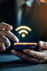 Businessman holding mobile phone with digital wifi icon showing wifi technology, modern connectivity, digital communication