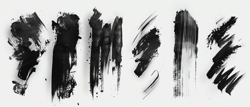Variety of dynamic black ink brush strokes on white