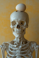 A skeleton skull with a single cracked egg balanced on its forehead, set against a pastel yellow background,
