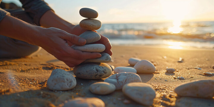 A person builds a rock cairn on a sandy beach, showcasing balance and serenity as the sun sets over the ocean.